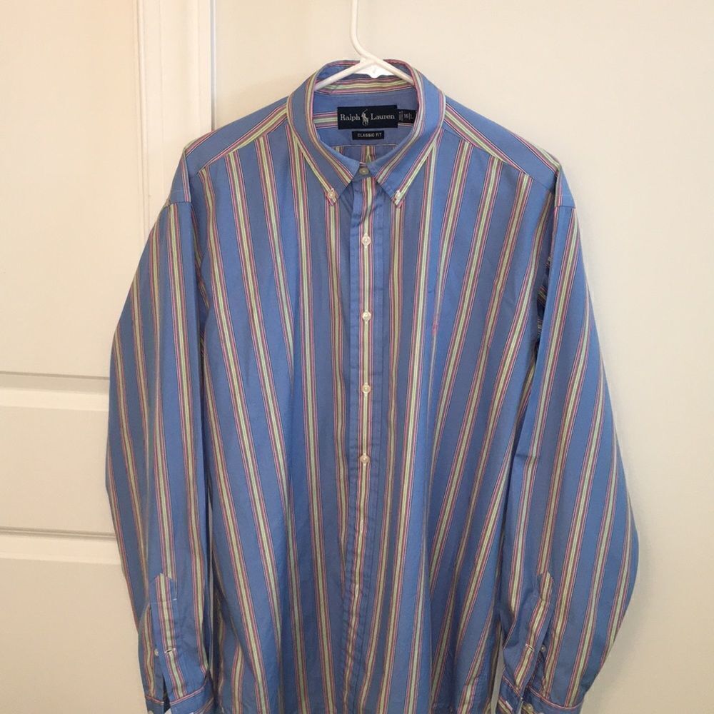 Polo Ralph Lauren Blue Stripe with Pink Pony Shirts 16/L measures 16 x 35/36